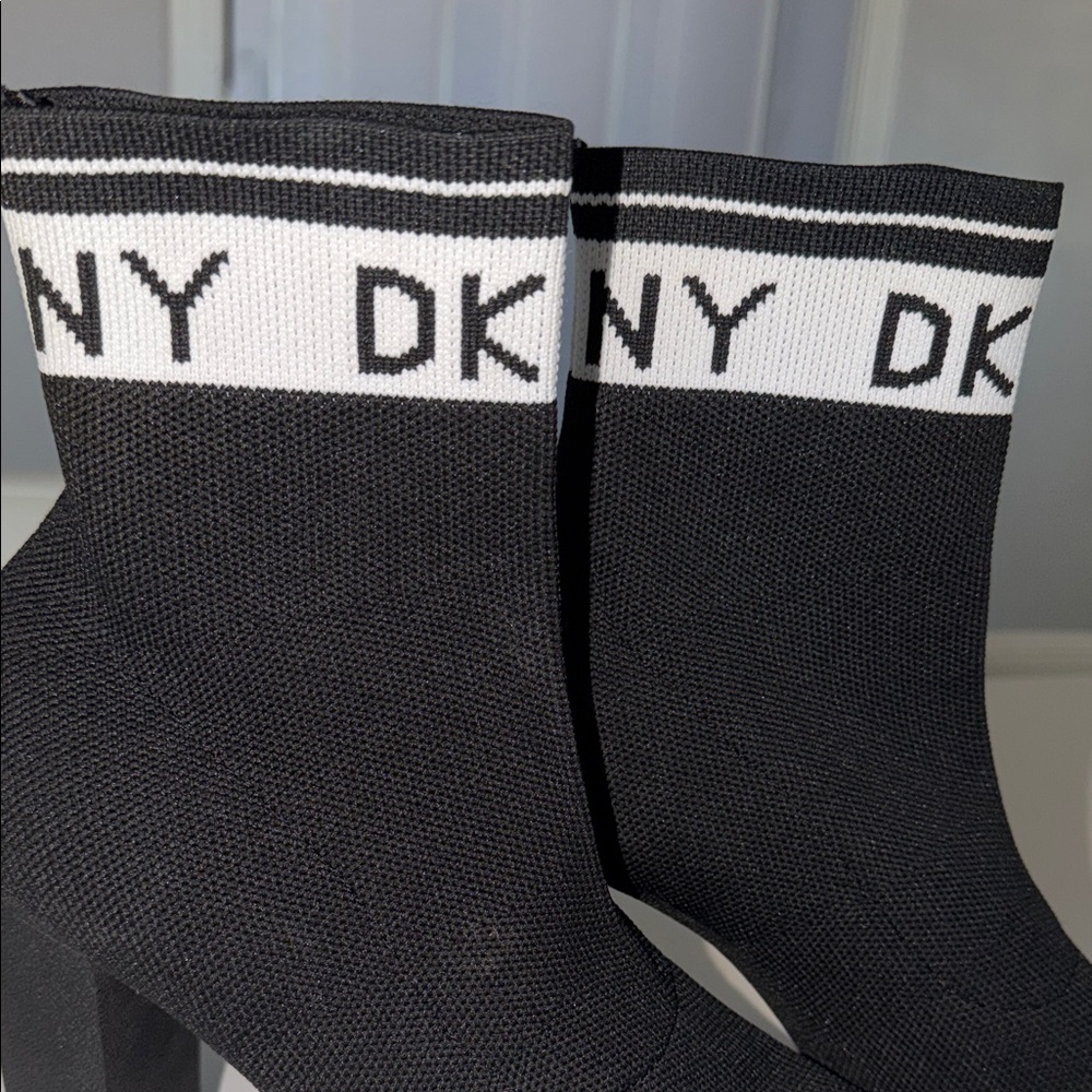 DKNY Black Knit Sock Booties with White Logo Cuff - Picture 6 of 10